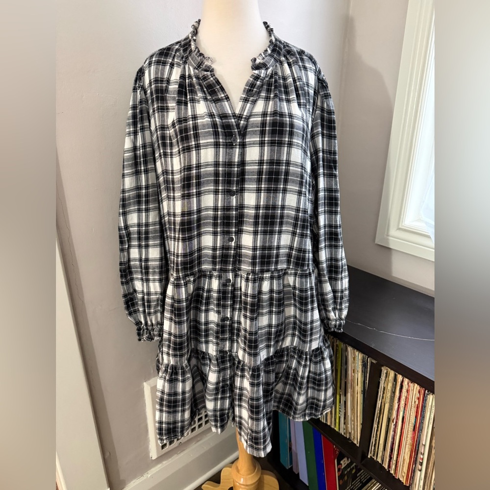 Gap Plaid Tiered Mini Ruffle Babydoll Dress Black & White Soft Flannel Size Lg